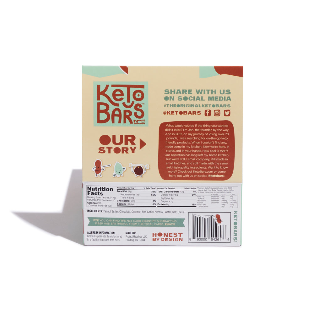 Chocolate Peanut Butter Keto Bars, 10 pack.